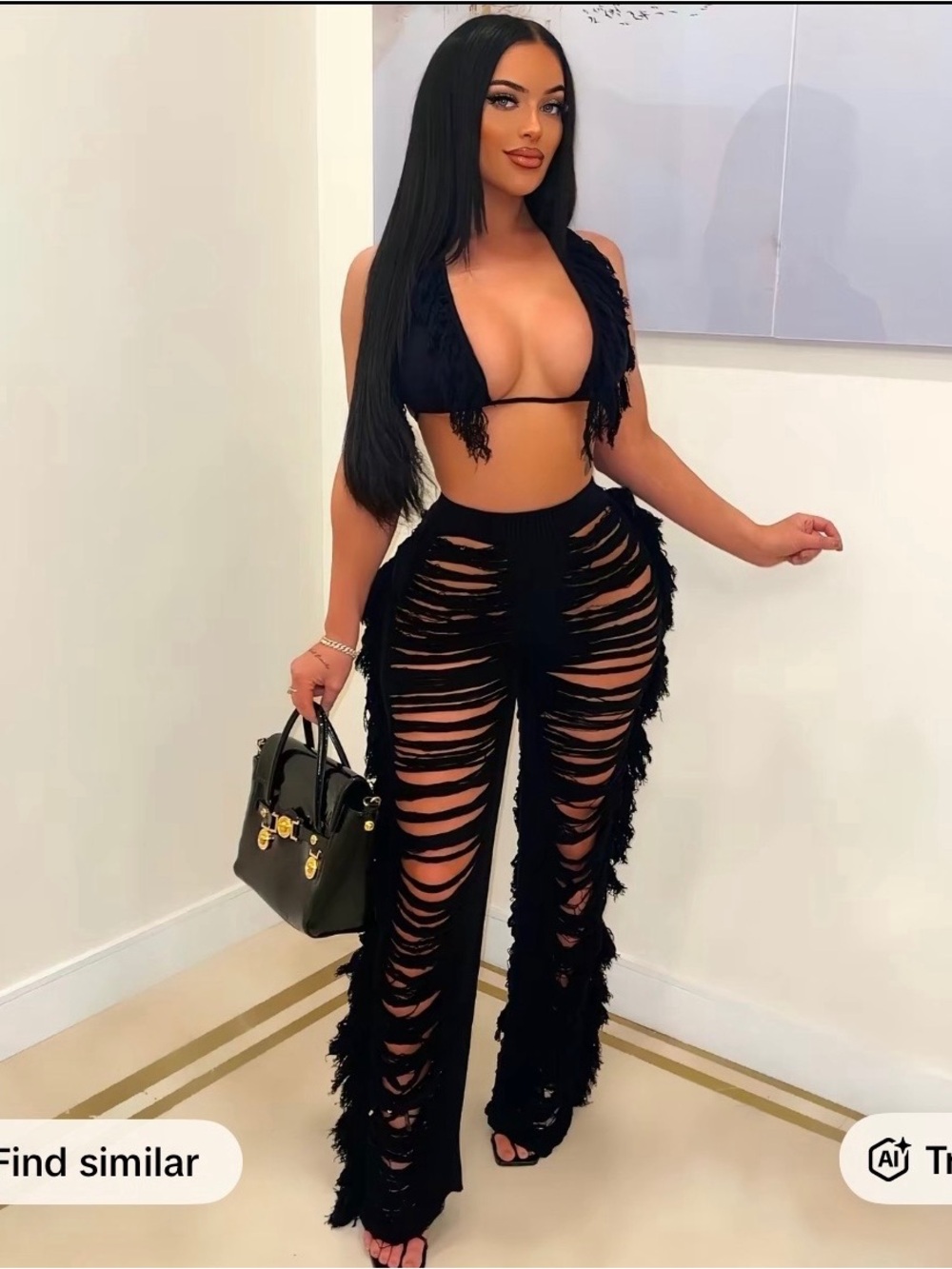 SHEIN Black Distressed Fringe Wide-Leg Pants